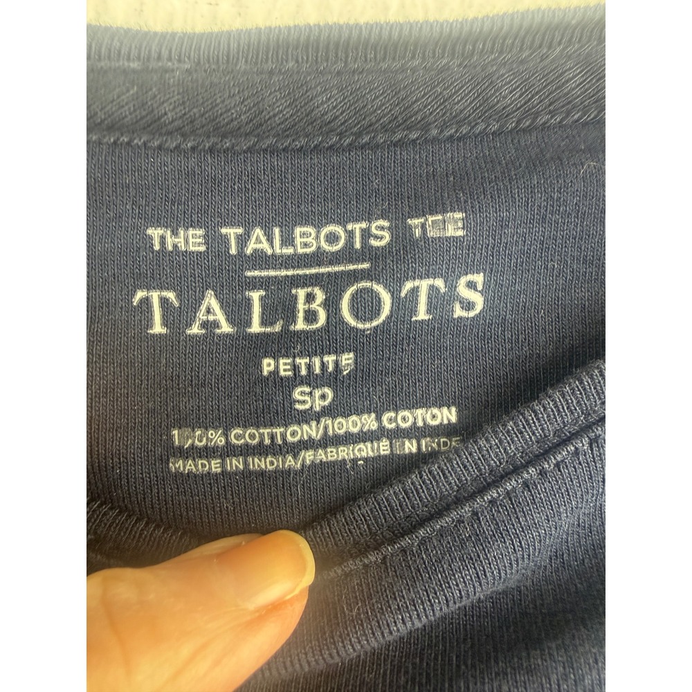 Talbots Petite Navy Blue Sequin Polka Dot Cotton Short Sleeve Tee Shirt SP - Picture 3 of 6